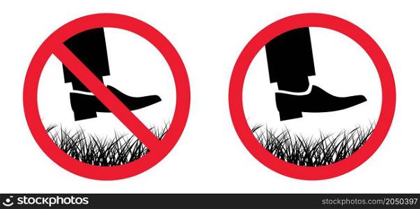 Keep off the grass or please stay off the grass sign. Vector green lawns signs. Do not enter or entry No walking, stepping symbol Do not steps.