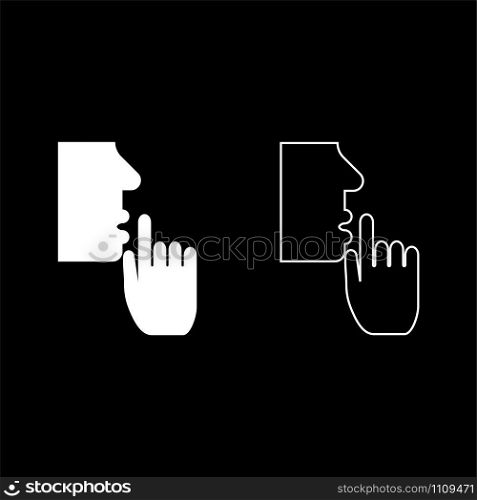 Keep silence concept Man shows index finger quietly Person closed his mouth Shut his lip Shh gesture Stop talk please theme Mute icon outline set white color vector illustration flat style simple image