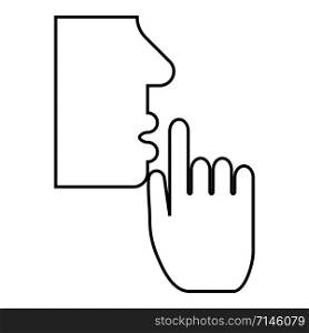 Keep silence concept Man shows index finger quietly Person closed his mouth Shut his lip Shh gesture Stop talk please theme Mute icon outline black color vector illustration flat style simple image