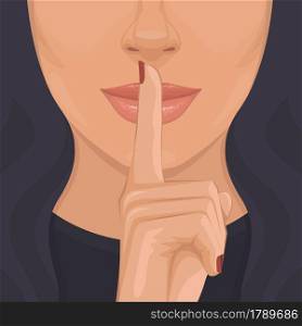 Keep silence concept woman shows index finger quietly Person closed his mouth Shut his lip Shh gesture Stop talk please theme Mute. Keep silence concept woman shows index finger