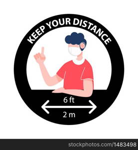 Keep your distance sign. New normal social distancing during covid-19 coronavirus outbreak. People wearing mask. Health care and medical flat character vector.