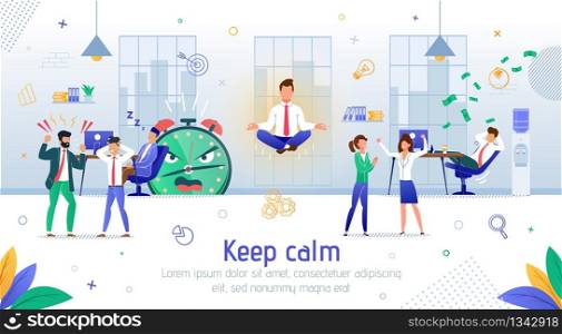 Keeping Calm and Clear Mindset in Office Work Mess Trendy Flat Vector Banner, Poster Template. Businessman, Company Employee or Worker Sitting in Lotus Pose in Noisy Office Surrounding Illustration