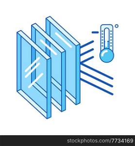 Keeping cold temperature inside house with glass layers. Cross section double glazed window. Infographics showing properties. Image for businesses and construction industry.. Keeping cold temperature inside house with glass layers. Cross section double glazed window. Infographics showing properties.
