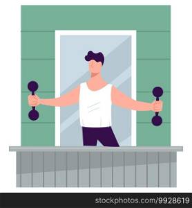 Keeping fit and training muscles at home, male character with dumbbells losing weight. Man with sports equipment on balcony, coronavirus quarantine exercises and strength. Vector in flat style. Man exercising on balcony, male with dumbbells loosing weight
