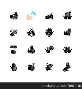Keeping hands clean black glyph icons set on white space. Washing with soap and water. Remove pathogenic microorganisms. Personal hygiene routine. Silhouette symbols. Vector isolated illustration. Keeping hands clean black glyph icons set on white space
