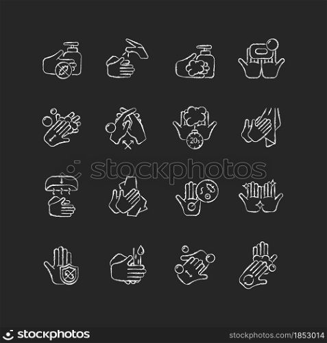 Keeping hands clean chalk white icons set on dark background. Washing with soap and water. Remove pathogenic microorganisms. Personal hygiene routine. Isolated vector chalkboard illustrations on black. Keeping hands clean chalk white icons set on dark background