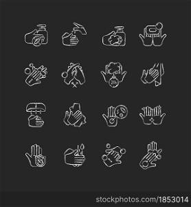 Keeping hands clean chalk white icons set on dark background. Washing with soap and water. Remove pathogenic microorganisms. Personal hygiene routine. Isolated vector chalkboard illustrations on black. Keeping hands clean chalk white icons set on dark background