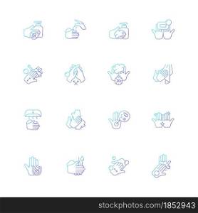Keeping hands clean gradient linear vector icons set. Washing with soap and water. Remove pathogenic microorganisms. Thin line contour symbols bundle. Isolated outline illustrations collection. Keeping hands clean gradient linear vector icons set