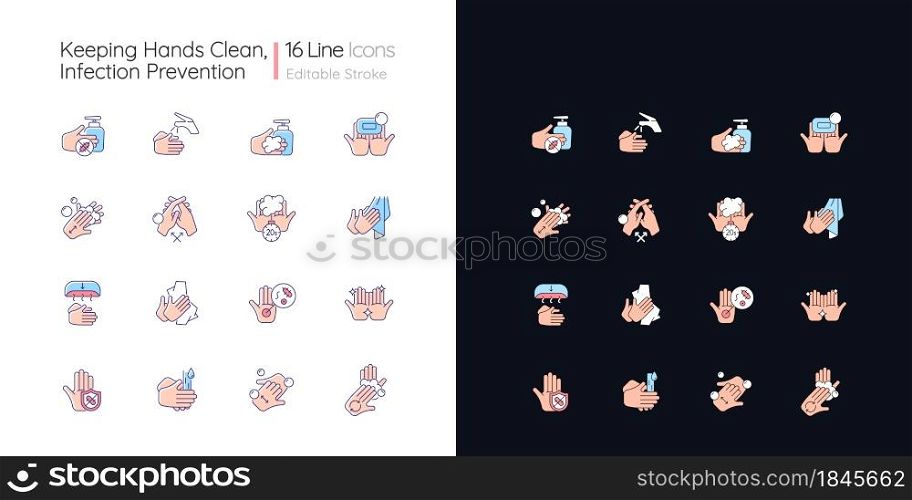 Keeping hands clean light and dark theme RGB color icons set. Washing with soap and water. Remove pathogens. Isolated vector illustrations on white and black space. Simple filled line drawings pack. Keeping hands clean light and dark theme RGB color icons set