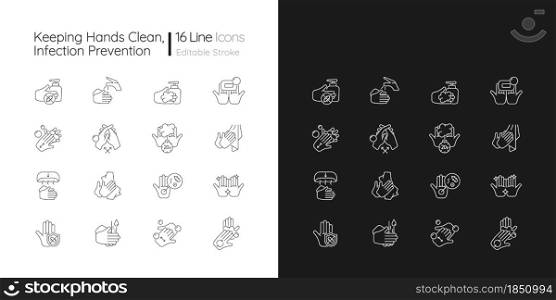 Keeping hands clean linear icons set for dark and light mode. Washing with soap and water. Remove pathogens. Customizable thin line symbols. Isolated vector outline illustrations. Editable stroke. Keeping hands clean linear icons set for dark and light mode