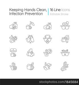 Keeping hands clean linear icons set. Washing with soap and water. Remove pathogenic microorganisms. Customizable thin line contour symbols. Isolated vector outline illustrations. Editable stroke. Keeping hands clean linear icons set