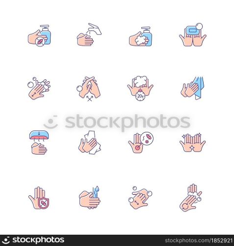 Keeping hands clean RGB color icons set. Washing with soap and water. Remove pathogenic microorganisms. Personal hygiene routine. Isolated vector illustrations. Simple filled line drawings collection. Keeping hands clean RGB color icons set