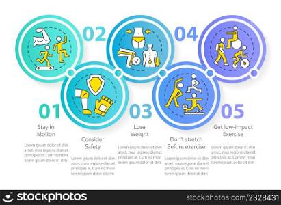 Keeping joints healthy tips circle infographic template. Lose weight. Data visualization with 5 steps. Process timeline info chart. Workflow layout with line icons. Myriad Pro-Regular font used. Keeping joints healthy tips circle infographic template