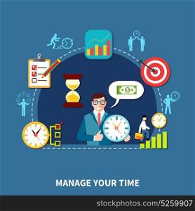 Keeping On Time Composition. Composition of time management flat icons human silhouette pictograms task checkboxes clock images and human characters vector illustration