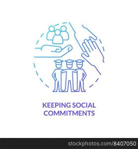 Keeping social commitments blue gradient concept icon. Relationship building abstract idea thin line illustration. Social responsibility. Isolated outline drawing. Myriad Pro-Bold font used. Keeping social commitments blue gradient concept icon