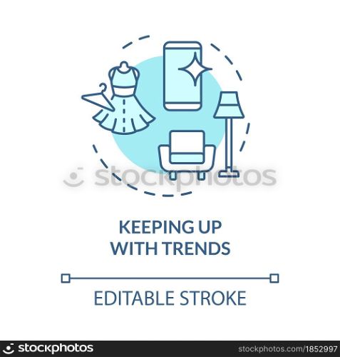 Keeping up with trends blue concept icon. Fashion and design trends make us buy more. Excessive consumerism abstract idea thin line illustration. Vector isolated outline color drawing. Editable stroke. Keeping up with trends blue concept icon
