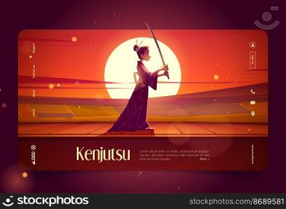 Kenjutsu, traditional japanese fencing art banner. Vector landing page of kendo, art of sword in Japan with cartoon illustration of girl in kimono with katana on background of sunset landscape. Kenjutsu, traditional japanese fencing art banner