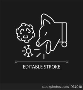 Kennel cough white linear icon for dark theme. Dogs bronchitis. Pet respiratory system disease. Thin line customizable illustration. Isolated vector contour symbol for night mode. Editable stroke. Kennel cough white linear icon for dark theme