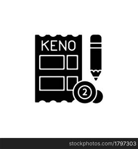 Keno black glyph icon. Gambling draw-style game. Matching numbers on keno ticket. Random number generation. Receive cash prizes. Silhouette symbol on white space. Vector isolated illustration. Keno black glyph icon