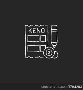 Keno chalk white icon on dark background. Gambling draw-style game. Matching numbers on keno ticket. Random number generation. Receive cash prizes. Isolated vector chalkboard illustration on black. Keno chalk white icon on dark background