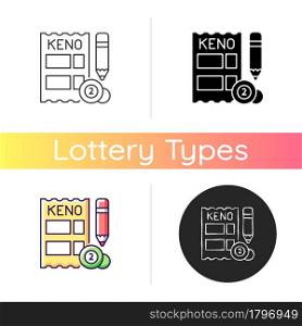 Keno icon. Gambling draw-style game. Matching numbers on keno ticket. Random number generation. Game of chance. Receive cash prizes. Linear black and RGB color styles. Isolated vector illustrations. Keno icon