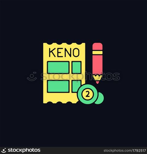 Keno RGB color icon for dark theme. Gambling draw-style game. Matching numbers on keno ticket. Cash prizes. Isolated vector illustration on night mode background. Simple filled line drawing on black. Keno RGB color icon for dark theme