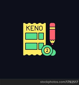 Keno RGB color icon for dark theme. Gambling draw-style game. Matching numbers on keno ticket. Cash prizes. Isolated vector illustration on night mode background. Simple filled line drawing on black. Keno RGB color icon for dark theme