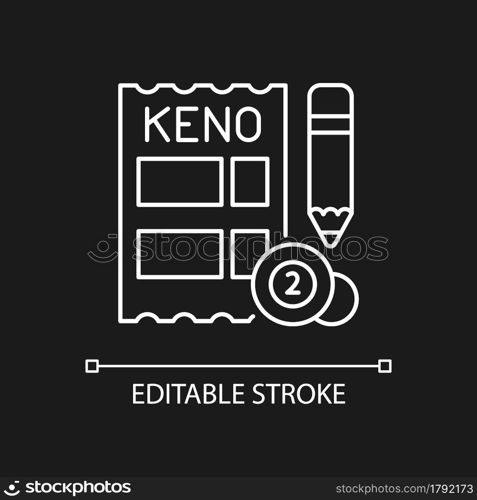 Keno white linear icon for dark theme. Gambling draw-style game. Matching numbers on keno ticket. Thin line customizable illustration. Isolated vector contour symbol for night mode. Editable stroke. Keno white linear icon for dark theme