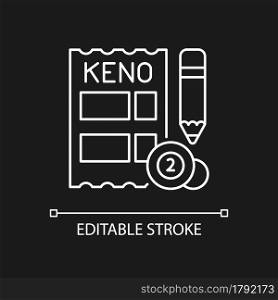 Keno white linear icon for dark theme. Gambling draw-style game. Matching numbers on keno ticket. Thin line customizable illustration. Isolated vector contour symbol for night mode. Editable stroke. Keno white linear icon for dark theme