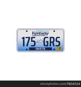 Kentucky numberplate isolated car registration sign. Vector vehicle number, Fayette of USA. Number plate of Kentucky state isolated car number