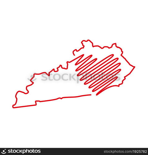 Kentucky US state red outline map with the handwritten heart shape. Continuous line drawing of patriotic home sign. A love for a small homeland. T-shirt print idea. Vector illustration.. Kentucky US state red outline map with the handwritten heart shape. Vector illustration