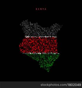 Kenya flag map, chaotic particles pattern in the colors of the Kenyan flag. Vector illustration isolated on black background.. Kenya flag map, chaotic particles pattern in the Kenyan flag colors. Vector illustration