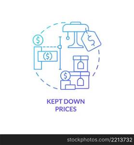 Kept down prices blue gradient concept icon. Discount and prices deduction. Market economy pros abstract idea thin line illustration. Isolated outline drawing. Myriad Pro-Bold fonts used. Kept down prices blue gradient concept icon