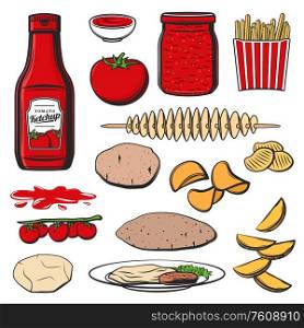 Ketchup and food, vector icons of tomato sauce and snacks. Ketchup bottle and dipping sauce for fast food french fries, potato chips and beef steak meet or meals. Tomato products, ketchup sauce and snacks food