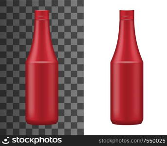 Ketchup bottle realistic packaging template isolated on white and transparent. Vector red plastic container with cap, tomato juice or ketchup sauce. Hot chili spicy sauce icon mockup template. Tomato ketchup spicy chili sauce isolated bottle