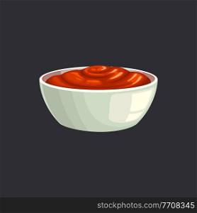 Ketchup bowl, plate with tomato paste isolated icon. Vector food condiment, seasoning, sour sweet sauce on plate. Container with tomato hot chili spicy snack. Sauce-boat portion, bbq catchup. Tomato ketchup spicy chili sauce isolated bowl