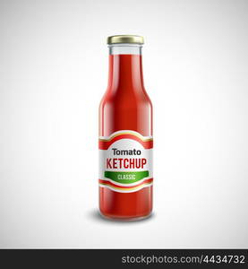 Ketchup Glass Bottle In Realistic Style. Classic ketchup glass bottle with glossy cap in realistic style isolated vector illustration