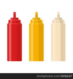 Ketchup, Mustard and mayonnaise sauce squeeze bottles. Traditional condiments containers. Vector illustration in flat style. Ketchup, Mustard and Mayo