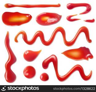 Ketchup stains. Tomato sauce red spots and smears, drops for paste and catsup blobs. Vegetable seasoning barbecue sour food realistic 3d vector set. Ketchup stains. Tomato sauce red spots and smears, drops for paste and catsup blobs. Vegetable seasoning sour food realistic 3d vector set