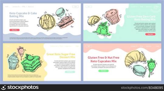 Keto baking mix, cake at web page concept set. Sugar free, zero carb dessert promotion at landing banner header. Template design for confectionery, healthy food online order collection. Keto baking mix, cake at web page concept set