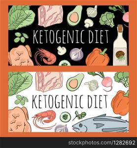 KETO BANNER Healthy Food Low Carb Text Vector Illustration Set
