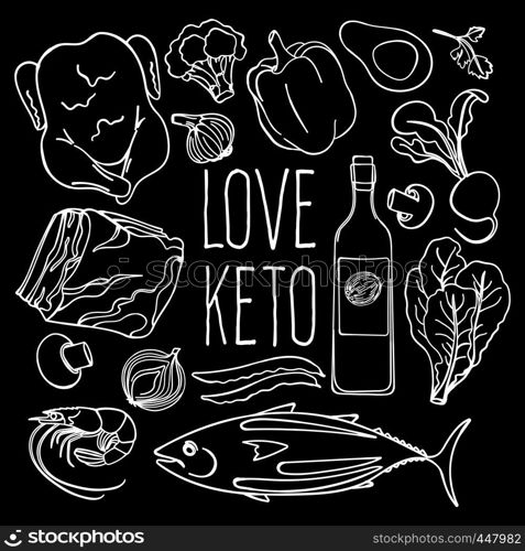 KETO BLACK Proper Nutrition Diet Vector Illustration Set
