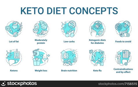 Keto diet concept icons set. Types of ketogenic diets idea thin line illustrations. Healthy lifestyle. Loss weight nutrition. Food, meal, menu. Vector isolated outline drawings. Editable stroke