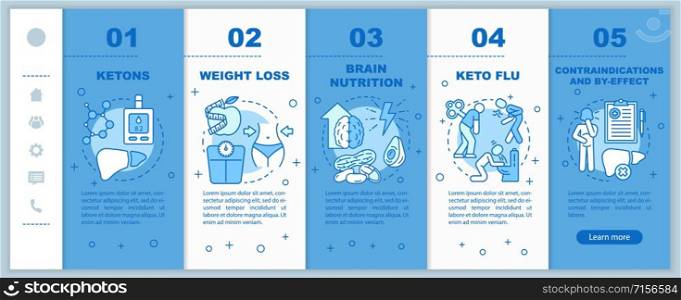 Keto diet onboarding mobile web pages template. Responsive smartphone website interface idea with linear icons. Ketogenic eating and healthy nutrition. Webpage walkthrough step screens. Color concept