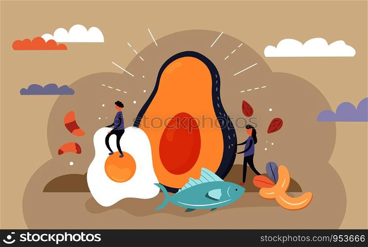 Keto diet vector illustration. Flat tiny persons concept with low carb products. Special nutrition. Keto diet vector illustration. Tiny persons concept