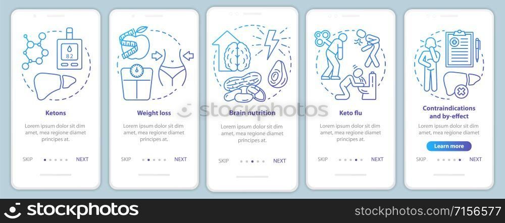 Keto diets blue onboarding mobile app page screen vector template. Ketogenic eating and healthy nutrition. Walkthrough website steps with linear illustrations. UX, UI, GUI smartphone interface concept