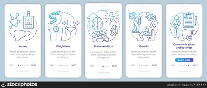 Keto diets blue onboarding mobile app page screen vector template. Ketogenic eating and healthy nutrition. Walkthrough website steps with linear illustrations. UX, UI, GUI smartphone interface concept