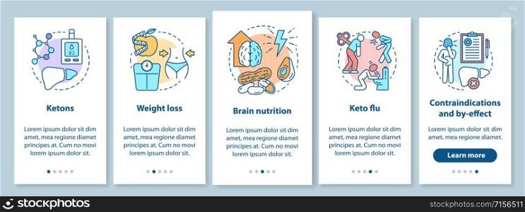 Keto diets onboarding mobile app page screen with linear concepts. Ketogenic eating and healthy nutrition walkthrough steps graphic instructions. UX, UI, GUI vector template with illustrations
