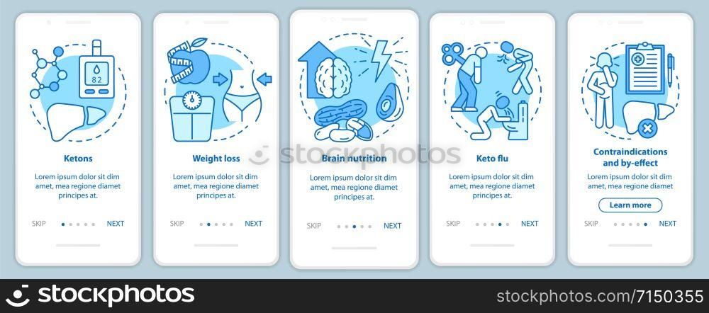 Keto diets turquoise onboarding mobile app page screen vector template. Ketogenic eating and healthy nutrition. Walkthrough website steps with linear illustrations. UX, UI, GUI smartphone interface