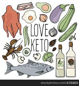 KETO SHOP Healthy Food Low Carb Fresh Vector Illustration Set